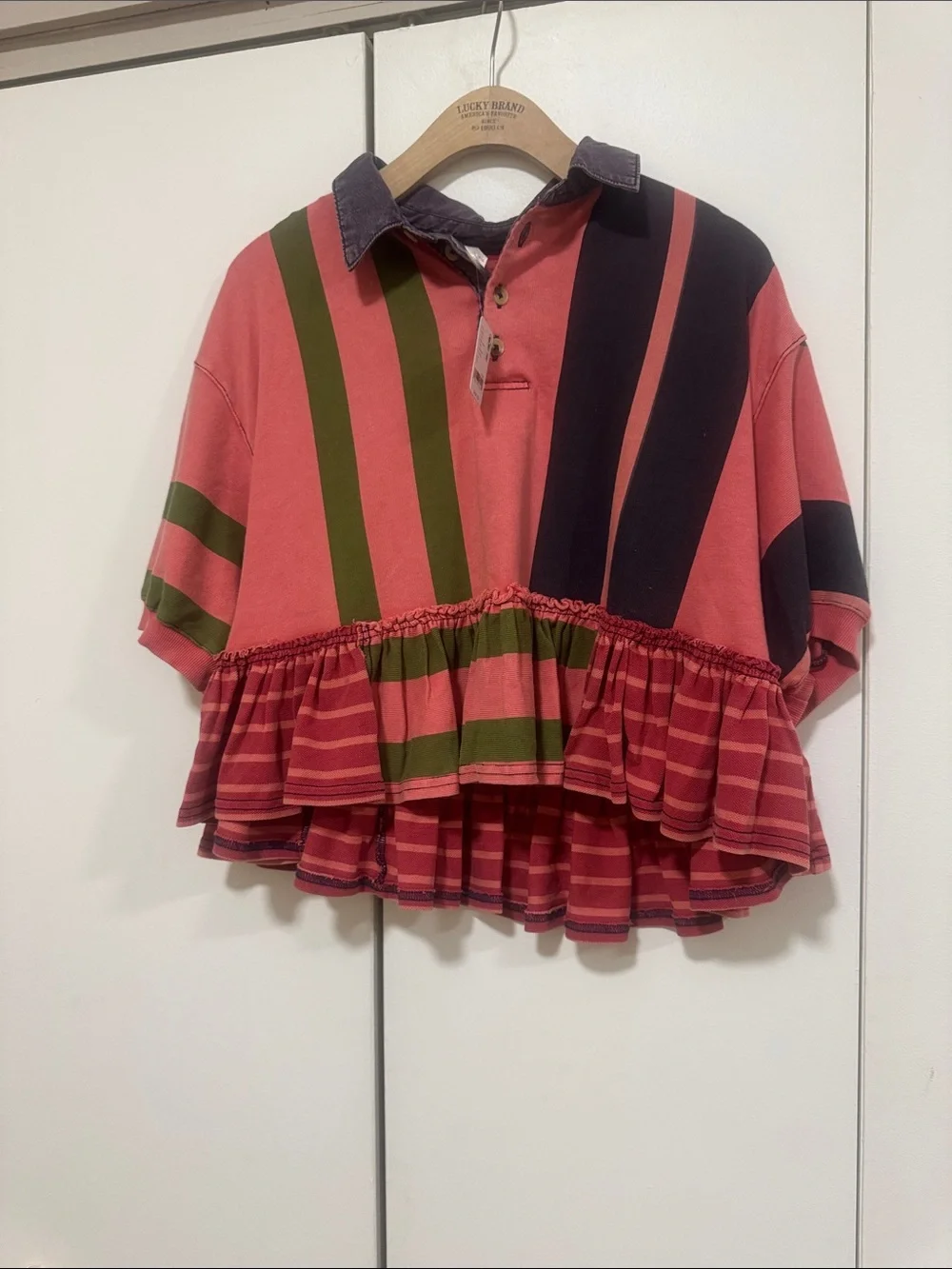 Free People Coral Rugby Polo with Olive and Charcoal Stripes